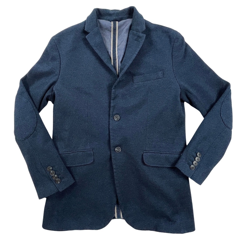 Zara Man Mens L Blazer Navy Blue Textured Knit Slim 42R Elbow Patches Sport Coat